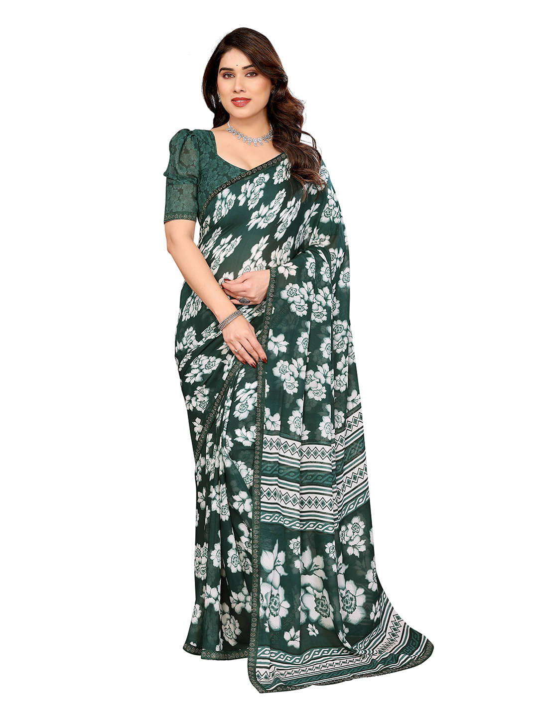     			ANAND SAREES Georgette Embellished Chanderi saree With Unstitched Blouse Piece ( Green )