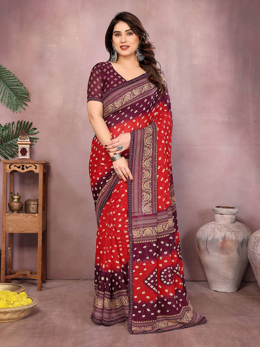     			ANAND SAREES Georgette Embellished Chanderi saree With Unstitched Blouse Piece ( Red )