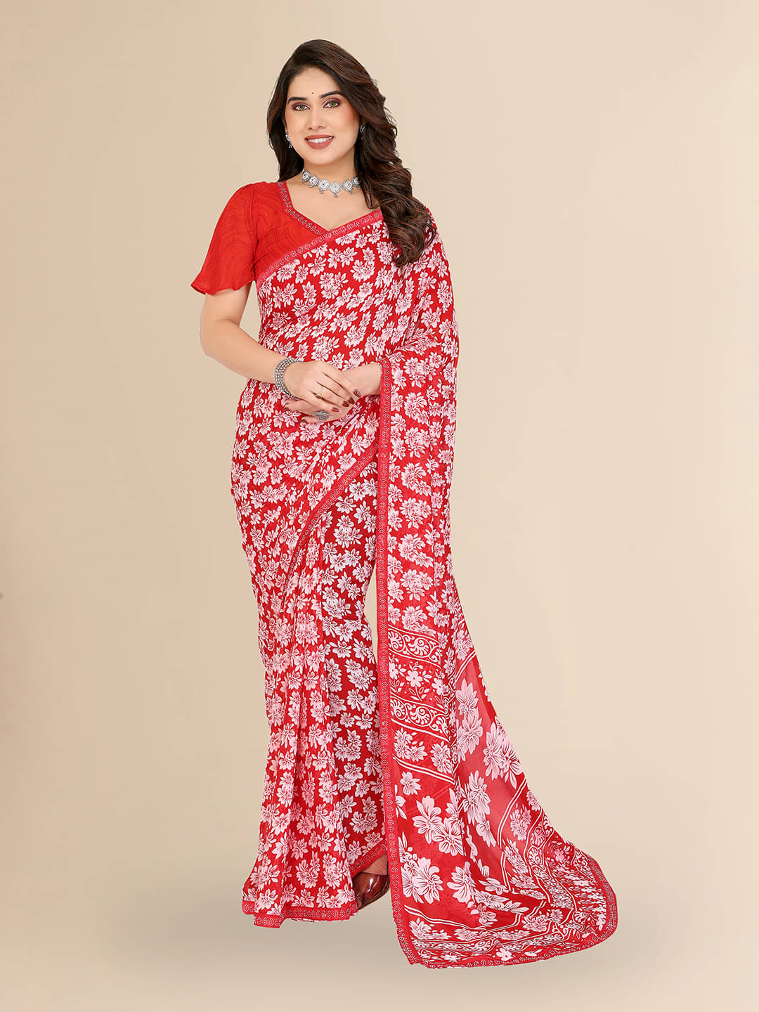 ANAND SAREES Georgette Embellished Chanderi saree With Unstitched Blouse Piece ( Red ) ANAND SAREES Georgette Embellished Chanderi saree With Unstitched Blouse Piece ( Red )