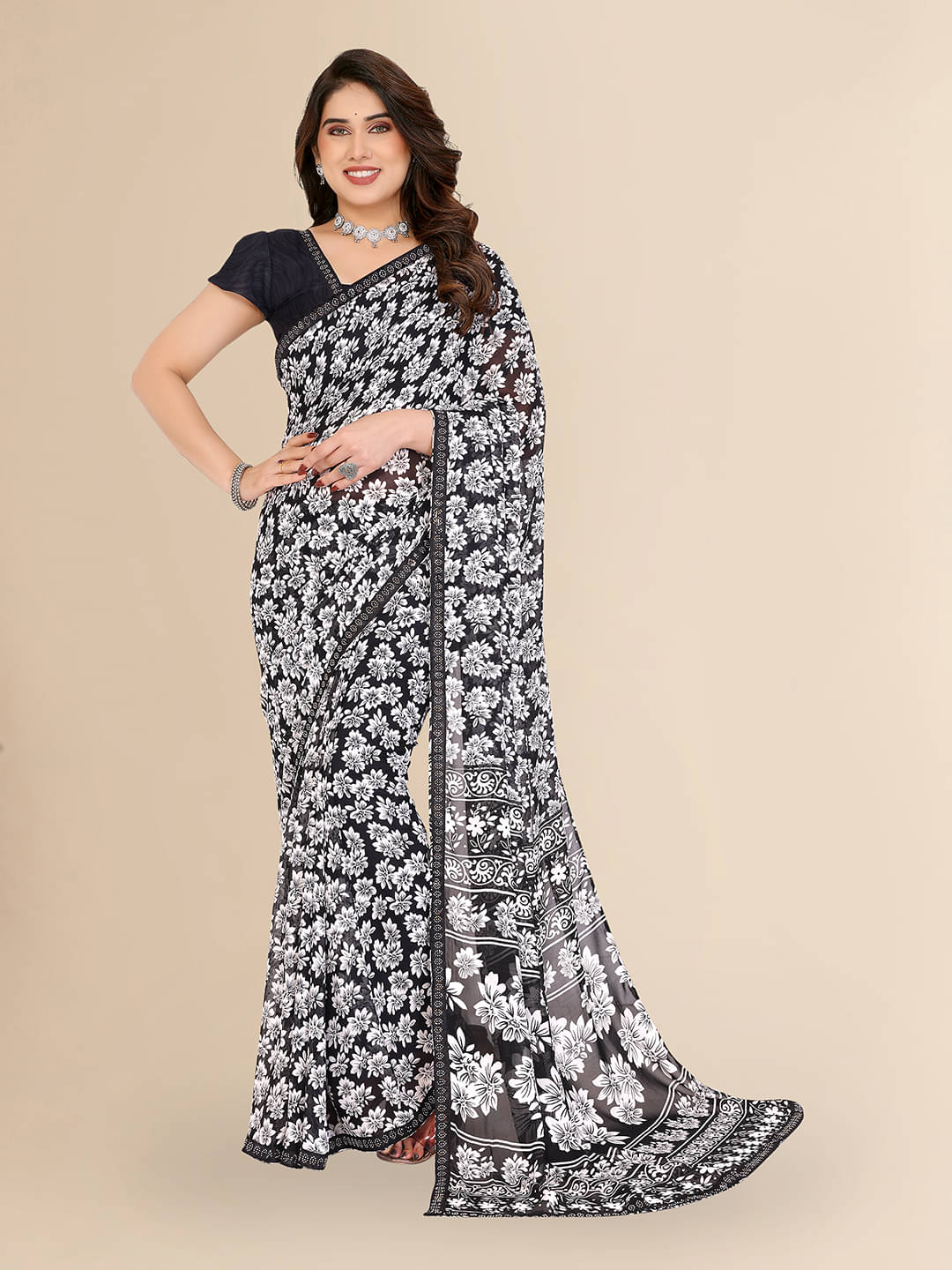 ANAND SAREES Georgette Embellished Chanderi saree With Unstitched Blouse Piece ( Black ) ANAND SAREES Georgette Embellished Chanderi saree With Unstitched Blouse Piece ( Black )