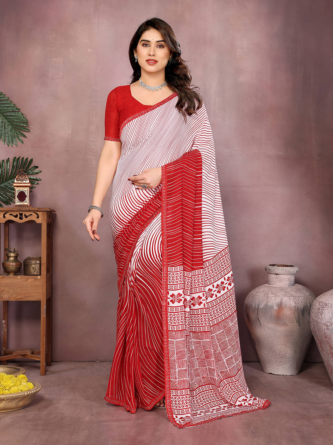 ANAND SAREES Georgette Embellished Chanderi saree With Unstitched Blouse Piece ( Red ) ANAND SAREES Georgette Embellished Chanderi saree With Unstitched Blouse Piece ( Red )