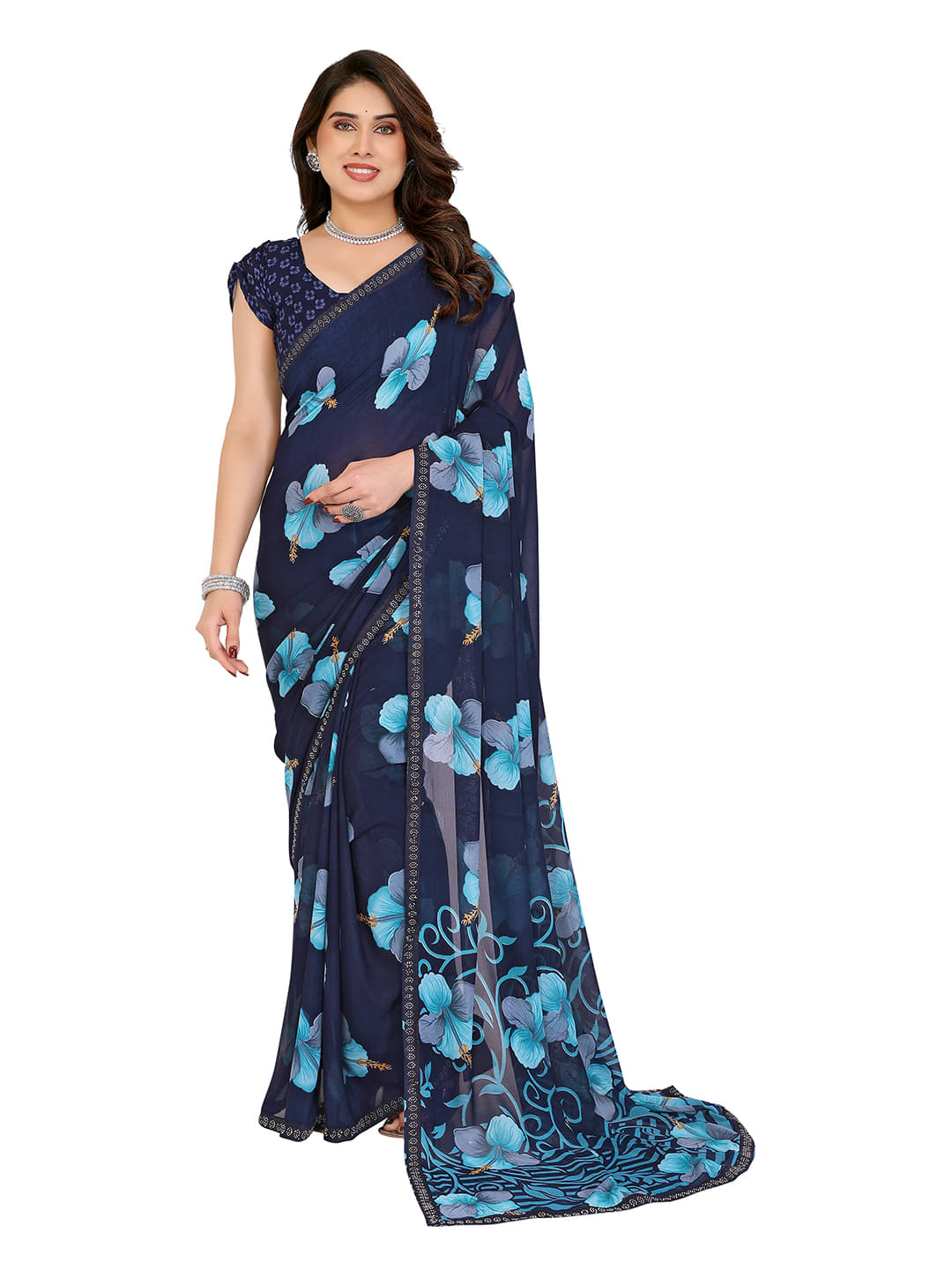 ANAND SAREES Georgette Embellished Chanderi saree With Unstitched Blouse Piece ( Blue ) ANAND SAREES Georgette Embellished Chanderi saree With Unstitched Blouse Piece ( Blue )