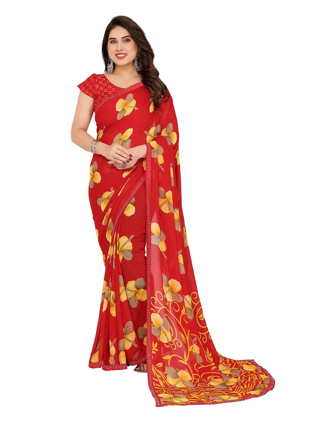 ANAND SAREES Georgette Embellished Chanderi saree With Unstitched Blouse Piece ( Red ) ANAND SAREES Georgette Embellished Chanderi saree With Unstitched Blouse Piece ( Red )