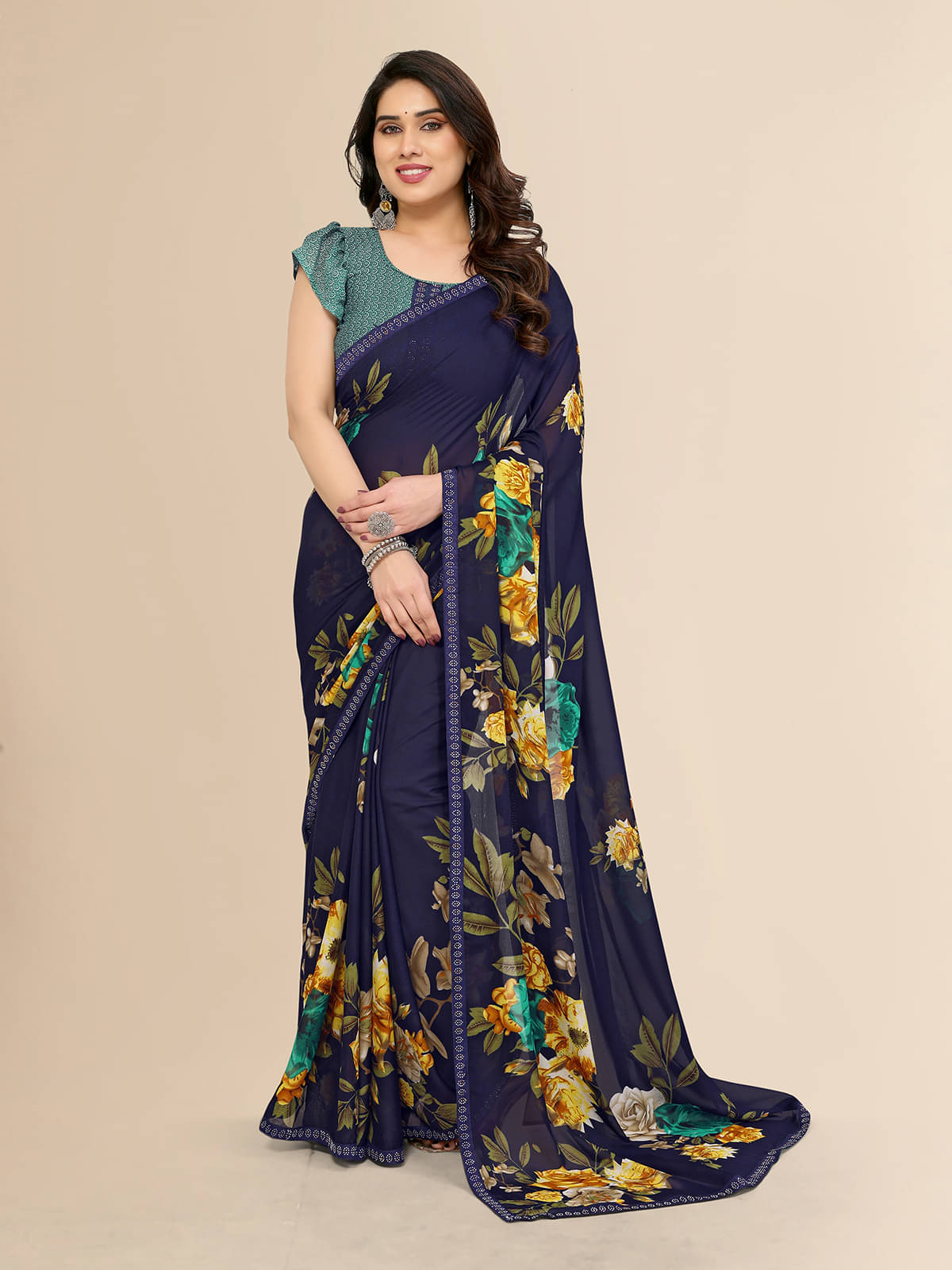     			ANAND SAREES Georgette Embellished Chanderi saree With Unstitched Blouse Piece ( Blue )