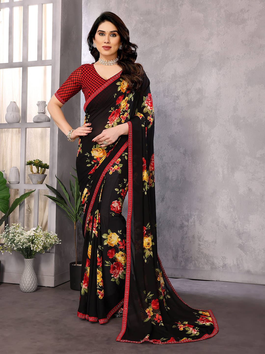 ANAND SAREES Georgette Embellished Chanderi saree With Unstitched Blouse Piece ( Black ) ANAND SAREES Georgette Embellished Chanderi saree With Unstitched Blouse Piece ( Black )