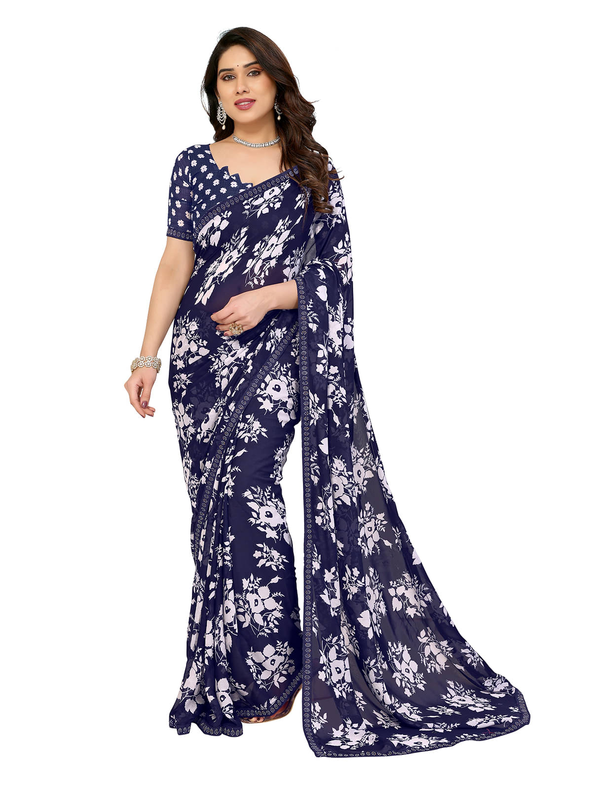     			ANAND SAREES Georgette Embellished Chanderi saree With Unstitched Blouse Piece ( Blue )
