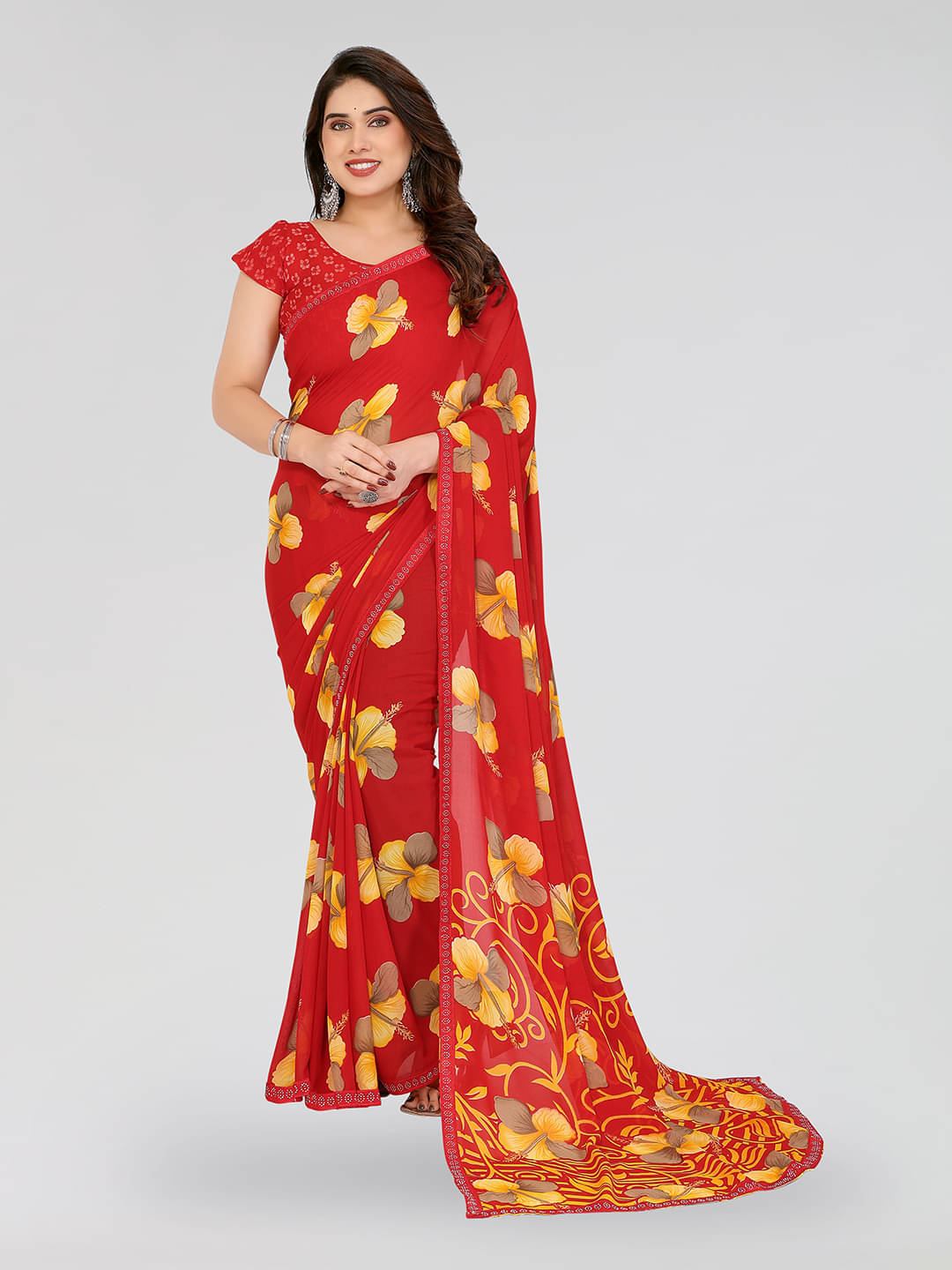 ANAND SAREES Georgette Embellished Chanderi saree With Unstitched Blouse Piece ( Red ) ANAND SAREES Georgette Embellished Chanderi saree With Unstitched Blouse Piece ( Red )