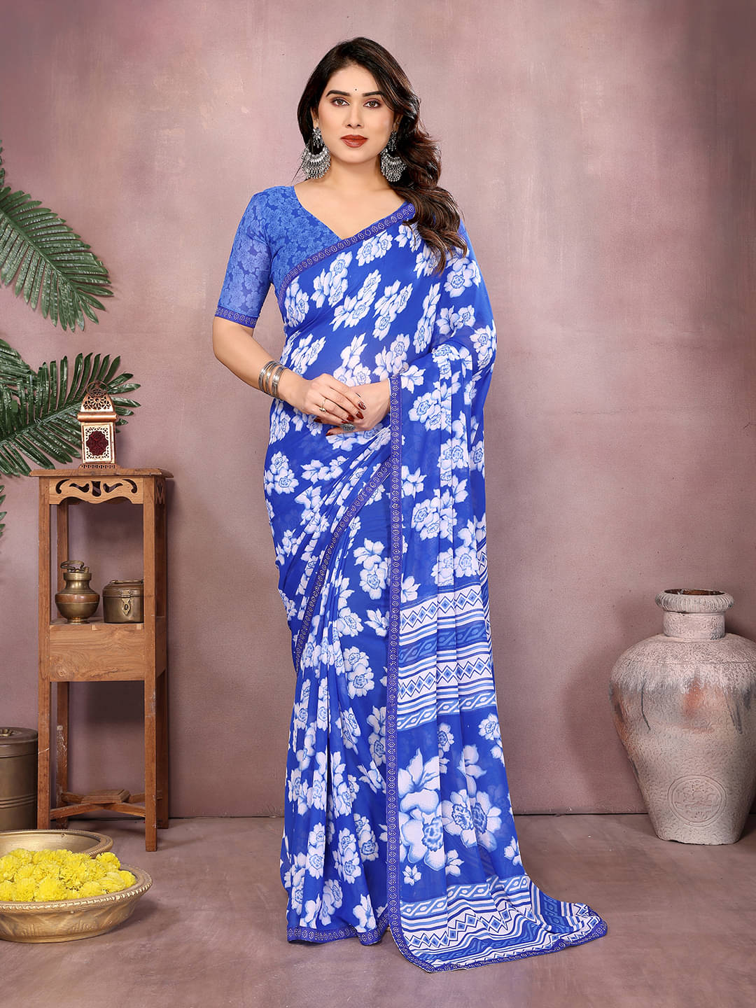     			ANAND SAREES Georgette Embellished Chanderi saree With Unstitched Blouse Piece ( Blue )