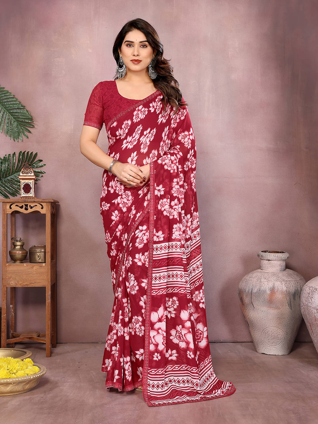     			ANAND SAREES Georgette Embellished Chanderi saree With Unstitched Blouse Piece ( Maroon )