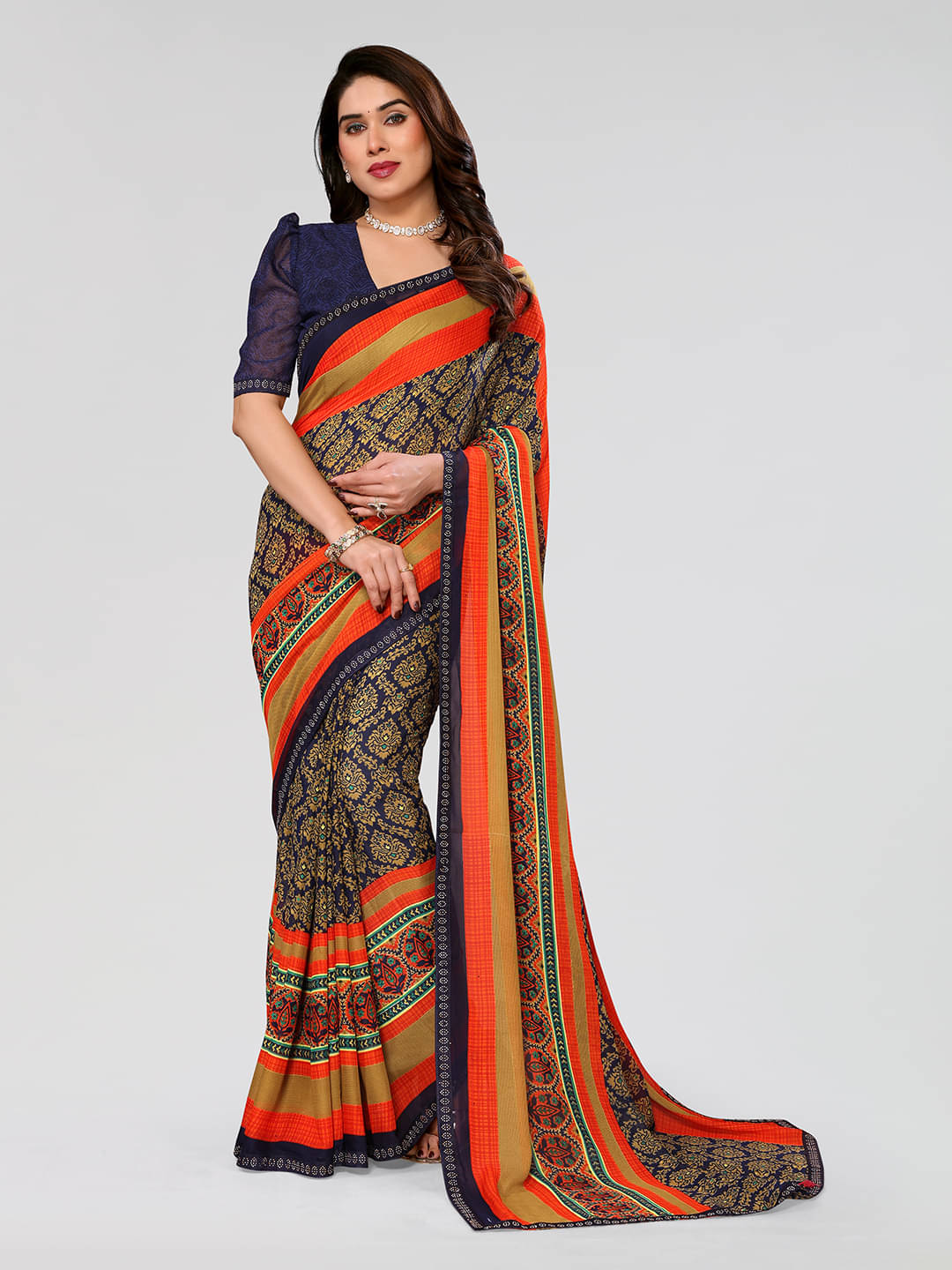 ANAND SAREES Georgette Embellished Chanderi saree With Unstitched Blouse Piece ( Blue ) ANAND SAREES Georgette Embellished Chanderi saree With Unstitched Blouse Piece ( Blue )