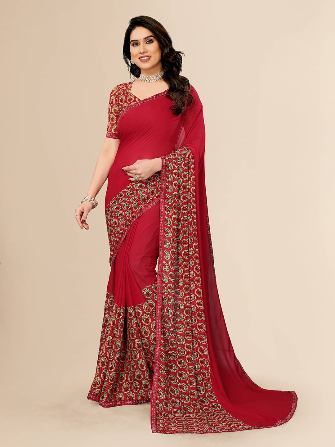     			ANAND SAREES Georgette Embellished Chanderi saree With Unstitched Blouse Piece ( Red )