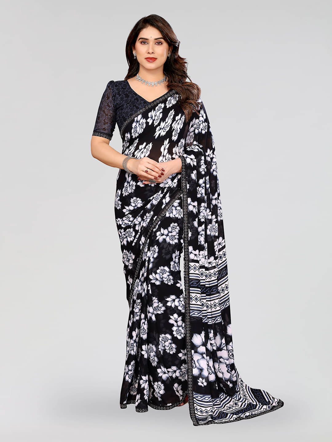 ANAND SAREES Georgette Embellished Chanderi saree With Unstitched Blouse Piece ( Black ) ANAND SAREES Georgette Embellished Chanderi saree With Unstitched Blouse Piece ( Black )