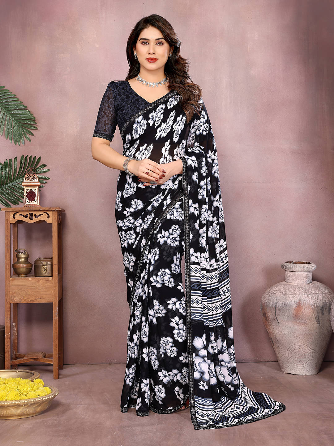ANAND SAREES Georgette Embellished Chanderi saree With Unstitched Blouse Piece ( Black ) ANAND SAREES Georgette Embellished Chanderi saree With Unstitched Blouse Piece ( Black )