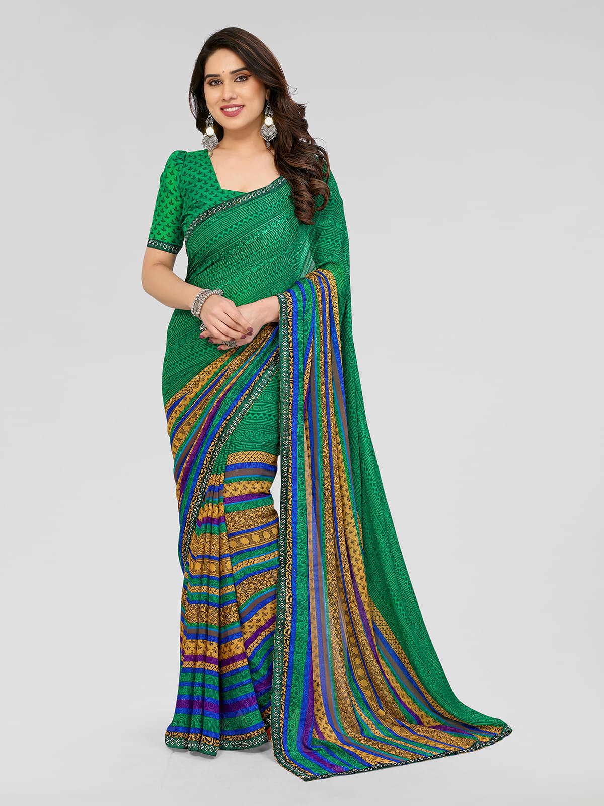 ANAND SAREES Georgette Embellished Chanderi saree With Unstitched Blouse Piece ( Green ) ANAND SAREES Georgette Embellished Chanderi saree With Unstitched Blouse Piece ( Green )
