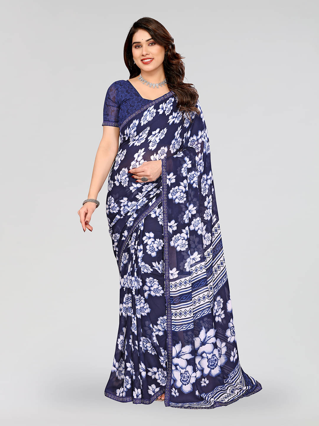 ANAND SAREES Georgette Embellished Chanderi saree With Unstitched Blouse Piece ( Navy Blue ) ANAND SAREES Georgette Embellished Chanderi saree With Unstitched Blouse Piece ( Navy Blue )