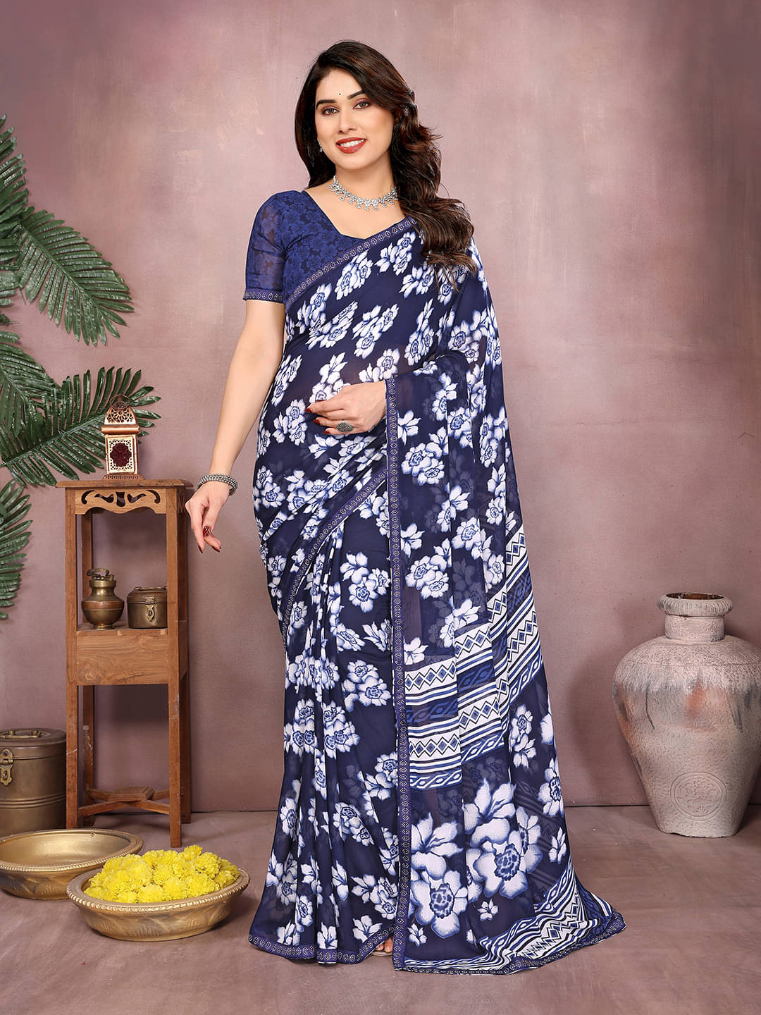    			ANAND SAREES Georgette Embellished Chanderi saree With Unstitched Blouse Piece ( Navy Blue )