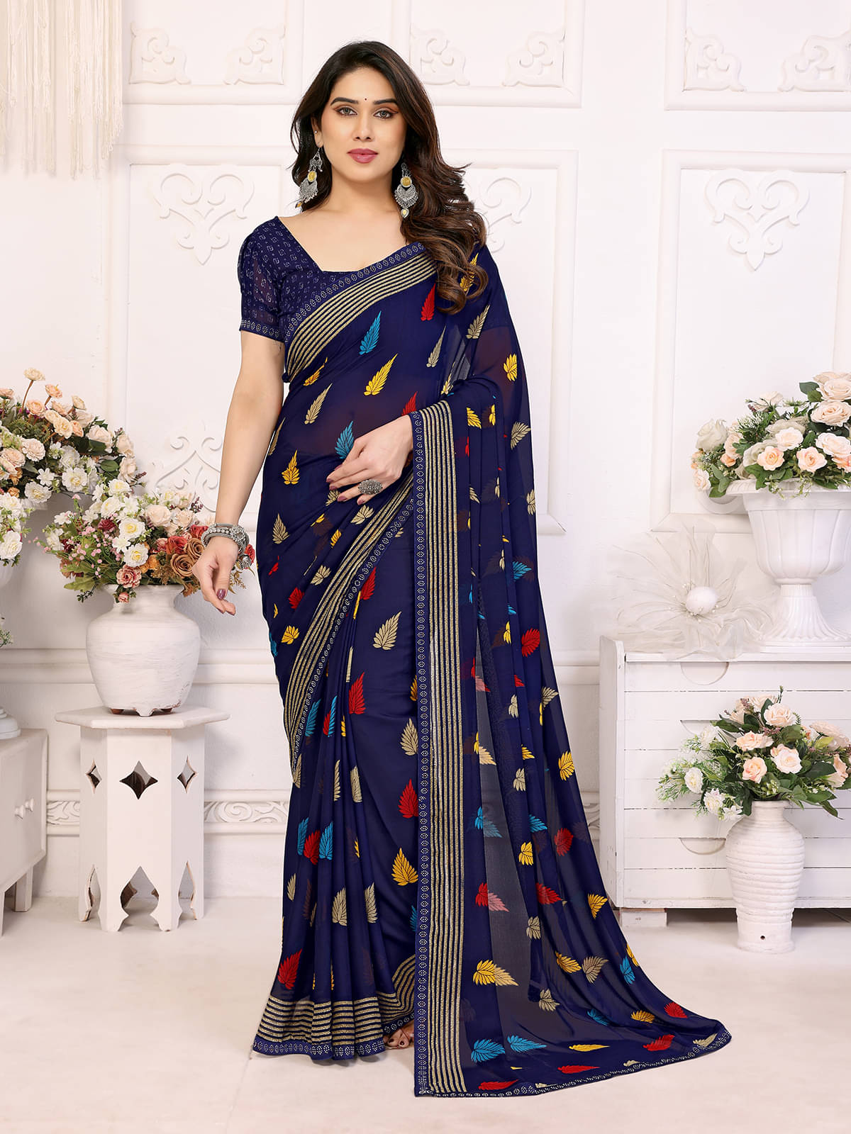 ANAND SAREES Georgette Embellished Chanderi saree With Unstitched Blouse Piece ( Blue ) ANAND SAREES Georgette Embellished Chanderi saree With Unstitched Blouse Piece ( Blue )