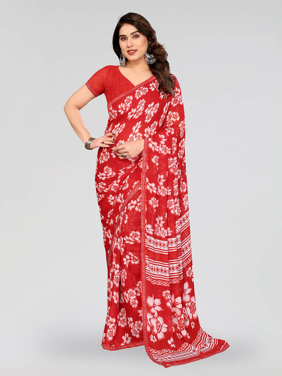 ANAND SAREES Georgette Embellished Chanderi saree With Unstitched Blouse Piece ( Red ) ANAND SAREES Georgette Embellished Chanderi saree With Unstitched Blouse Piece ( Red )