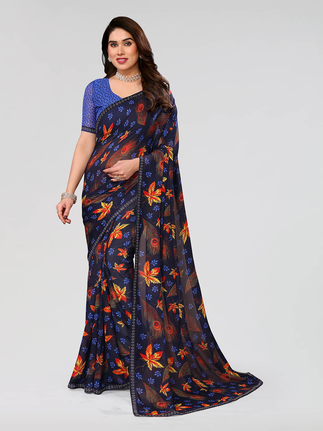 ANAND SAREES Georgette Embellished Chanderi saree With Unstitched Blouse Piece ( Blue ) ANAND SAREES Georgette Embellished Chanderi saree With Unstitched Blouse Piece ( Blue )