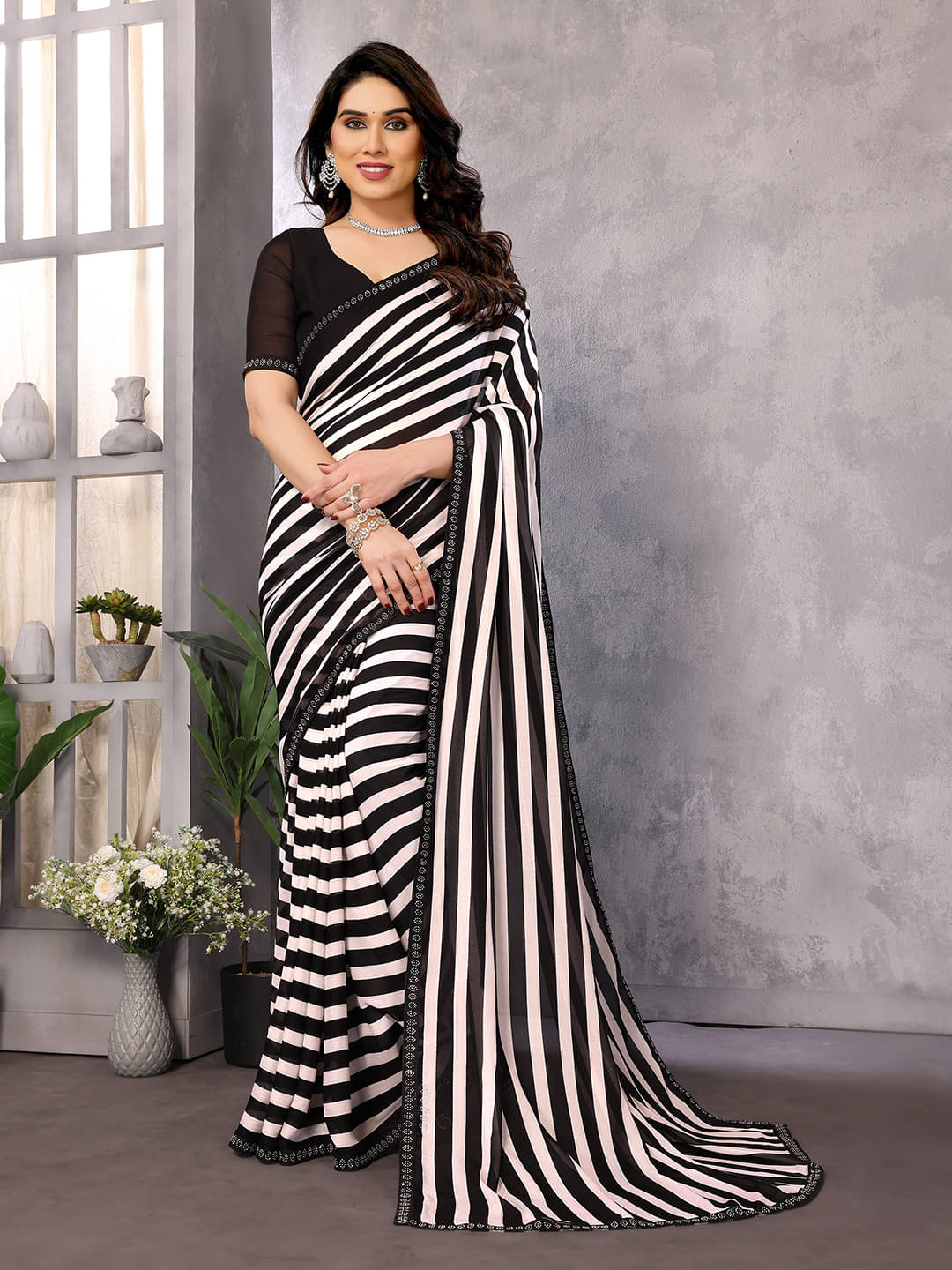     			ANAND SAREES Georgette Embellished Chanderi saree With Unstitched Blouse Piece ( Black )