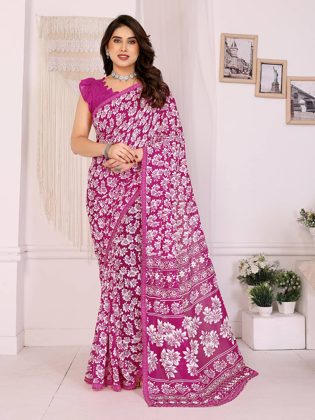     			ANAND SAREES Georgette Embellished Chanderi saree With Unstitched Blouse Piece ( Pink )
