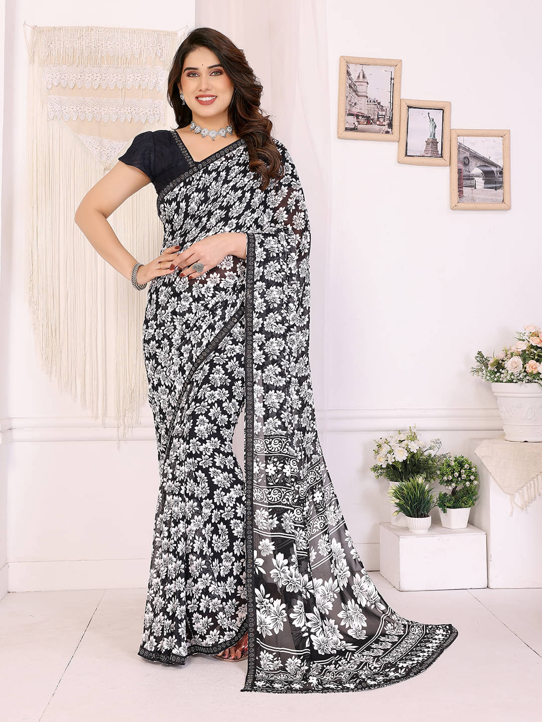 ANAND SAREES Georgette Embellished Chanderi saree With Unstitched Blouse Piece ( Black ) ANAND SAREES Georgette Embellished Chanderi saree With Unstitched Blouse Piece ( Black )