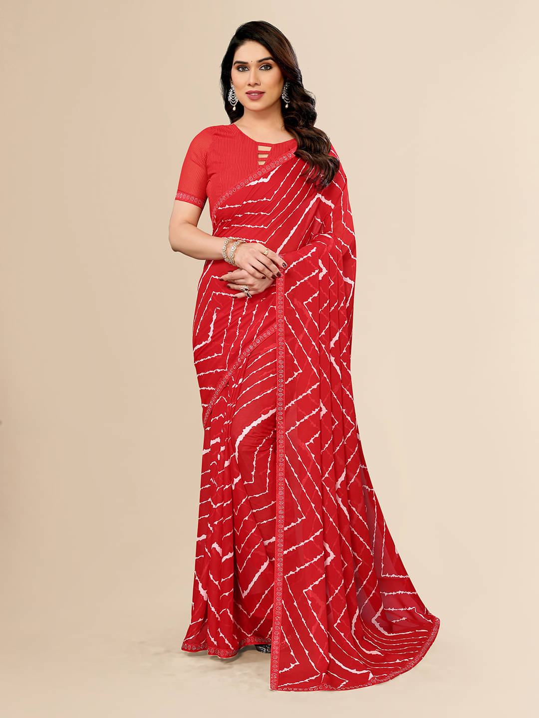 ANAND SAREES Georgette Embellished Leheriya Saree With Unstitched Blouse Piece ( Red ) ANAND SAREES Georgette Embellished Leheriya Saree With Unstitched Blouse Piece ( Red )
