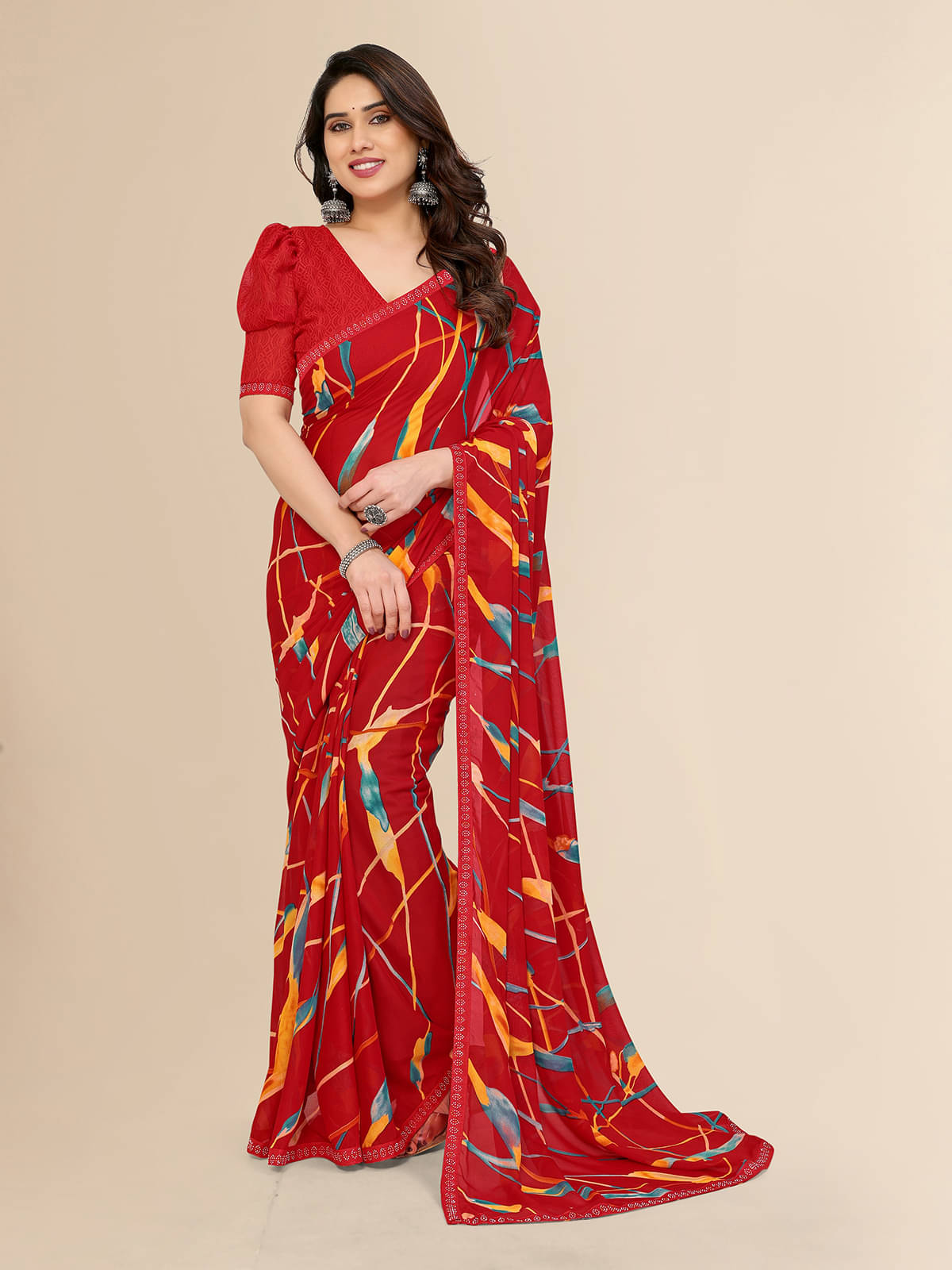 ANAND SAREES Georgette Embellished Leheriya Saree With Unstitched Blouse Piece ( Red ) ANAND SAREES Georgette Embellished Leheriya Saree With Unstitched Blouse Piece ( Red )