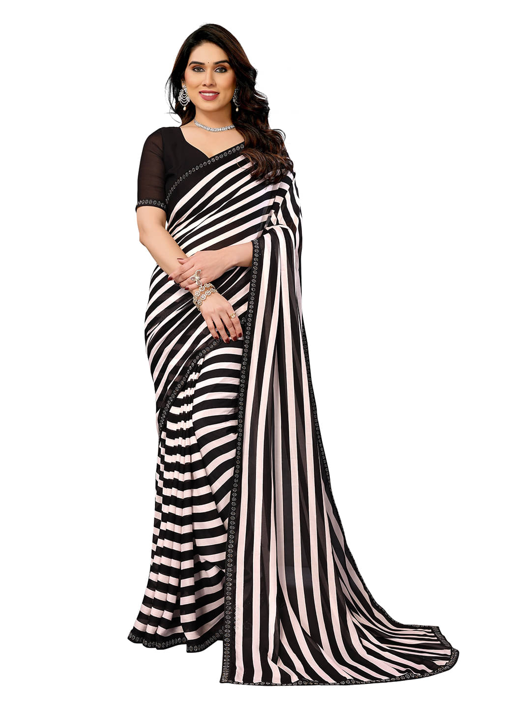     			ANAND SAREES Georgette Embellished Leheriya Saree With Unstitched Blouse Piece ( Black )