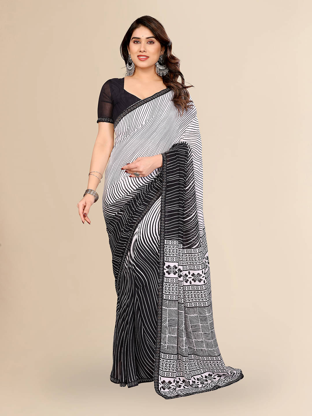 ANAND SAREES Georgette Embellished Leheriya Saree With Unstitched Blouse Piece ( Black ) ANAND SAREES Georgette Embellished Leheriya Saree With Unstitched Blouse Piece ( Black )