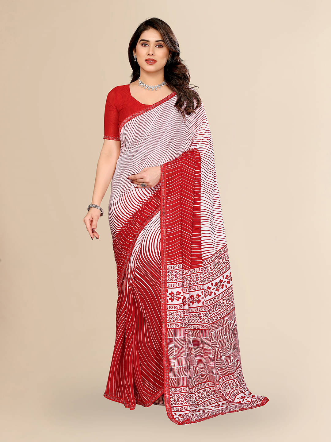 ANAND SAREES Georgette Embellished Leheriya Saree With Unstitched Blouse Piece ( Red ) ANAND SAREES Georgette Embellished Leheriya Saree With Unstitched Blouse Piece ( Red )