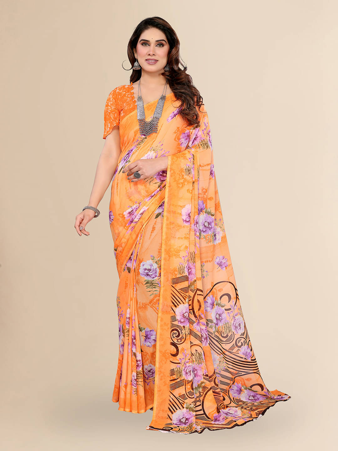     			ANAND SAREES Georgette Printed Chanderi saree With Unstitched Blouse Piece ( Orange )