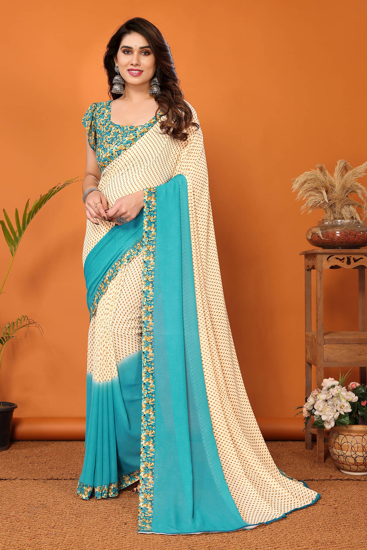     			ANAND SAREES Georgette Printed Chanderi saree With Unstitched Blouse Piece ( Blue )