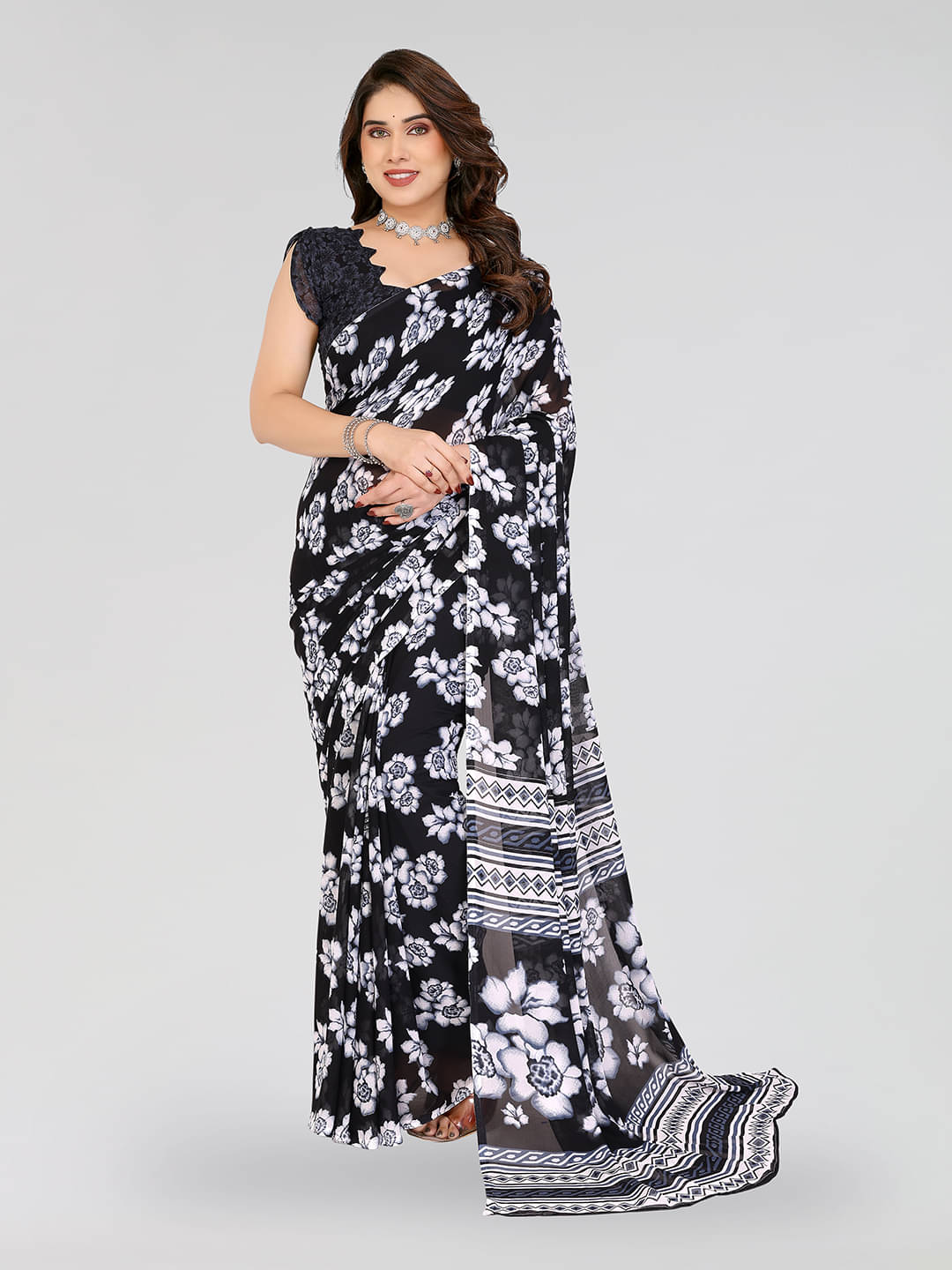 ANAND SAREES Georgette Printed Chanderi saree With Unstitched Blouse Piece ( Black ) ANAND SAREES Georgette Printed Chanderi saree With Unstitched Blouse Piece ( Black )