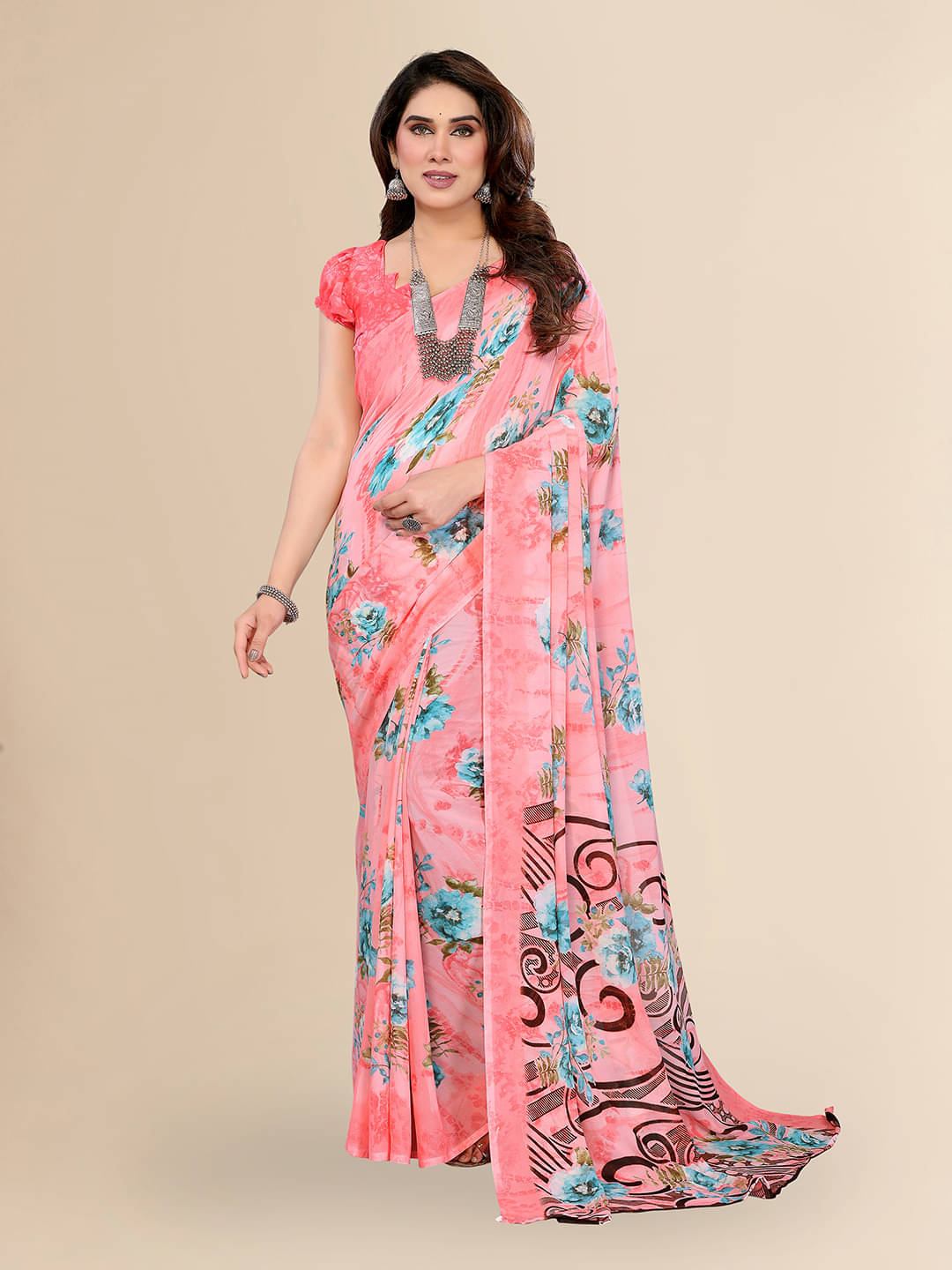    			ANAND SAREES Georgette Printed Chanderi saree With Unstitched Blouse Piece ( Pink )