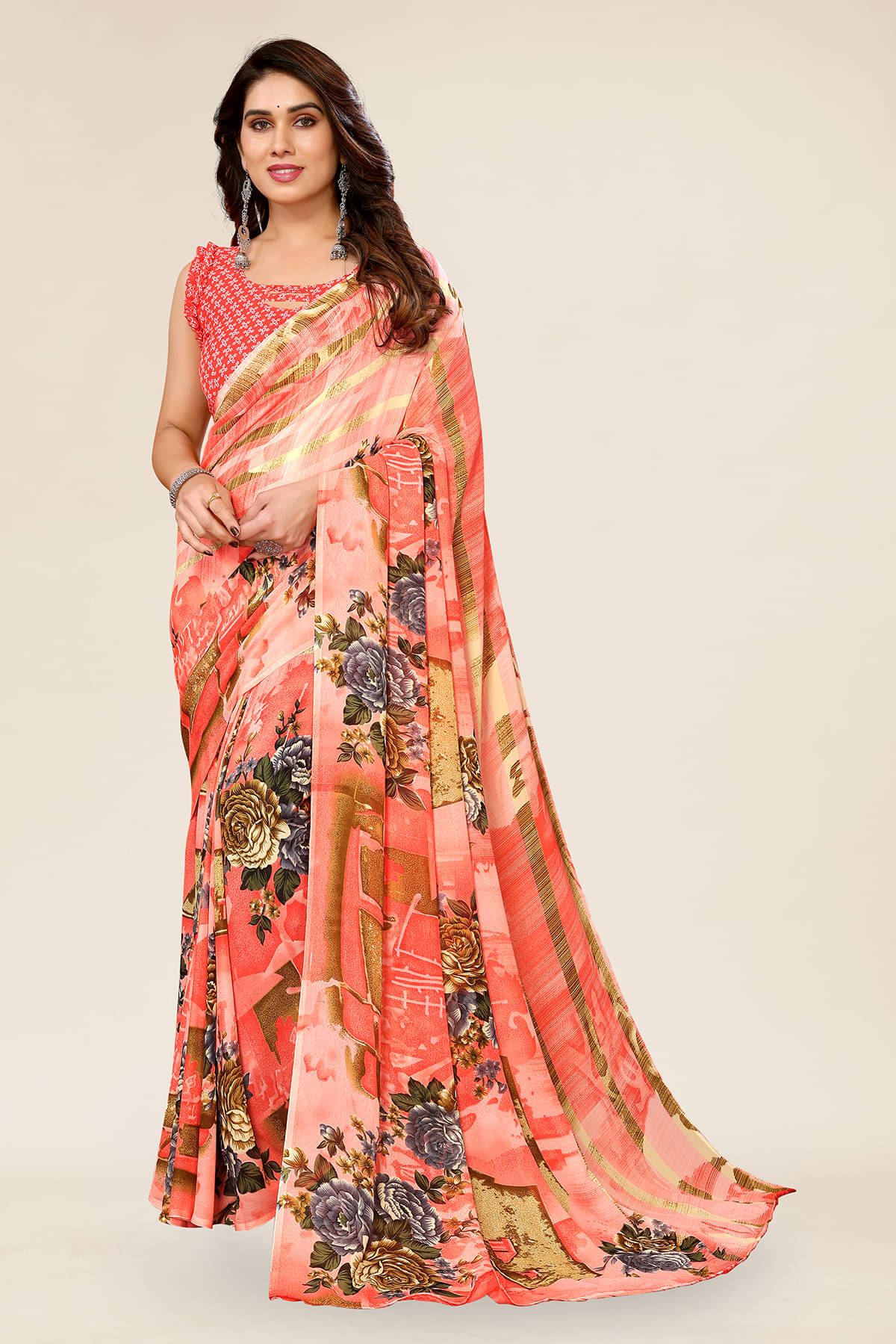     			ANAND SAREES Georgette Printed Chanderi saree With Unstitched Blouse Piece ( Orange )