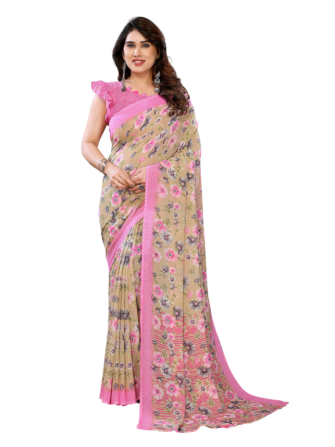     			ANAND SAREES Georgette Printed Chanderi saree With Unstitched Blouse Piece ( Beige )