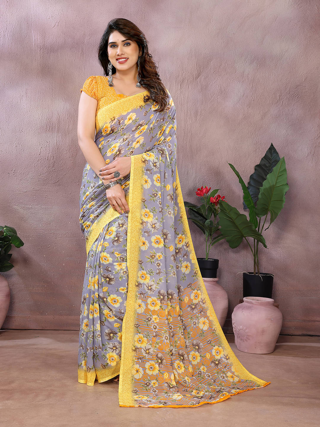 ANAND SAREES Georgette Printed Chanderi saree With Unstitched Blouse Piece ( Grey ) ANAND SAREES Georgette Printed Chanderi saree With Unstitched Blouse Piece ( Grey )