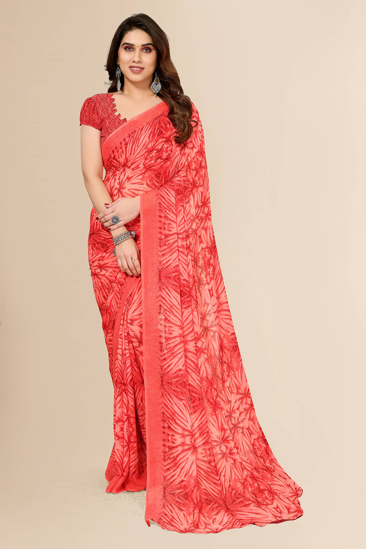 ANAND SAREES Georgette Printed Chanderi saree With Unstitched Blouse Piece ( Red ) ANAND SAREES Georgette Printed Chanderi saree With Unstitched Blouse Piece ( Red )