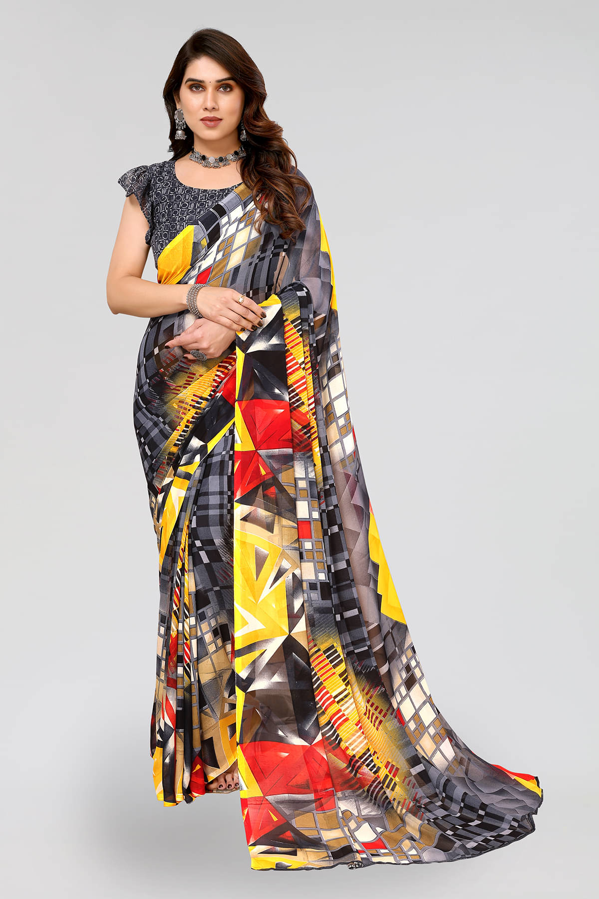 ANAND SAREES Georgette Printed Chanderi saree With Unstitched Blouse Piece ( Grey )     			ANAND SAREES Georgette Printed Chanderi saree With Unstitched Blouse Piece ( Grey )