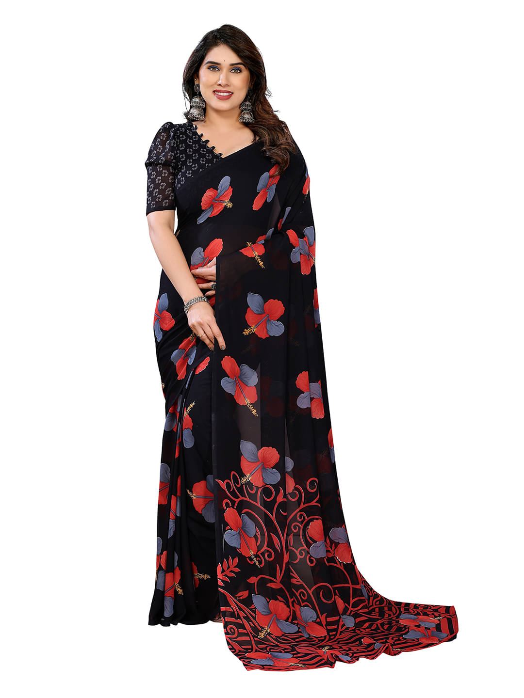     			ANAND SAREES Georgette Printed Chanderi saree With Unstitched Blouse Piece ( Black )