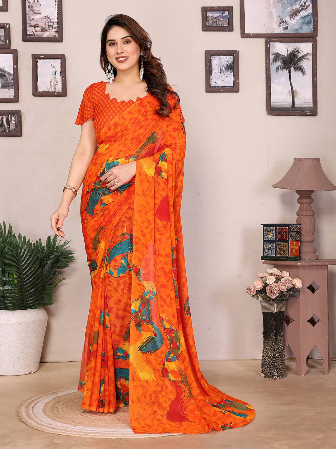     			ANAND SAREES Georgette Printed Chanderi saree With Unstitched Blouse Piece ( Orange )