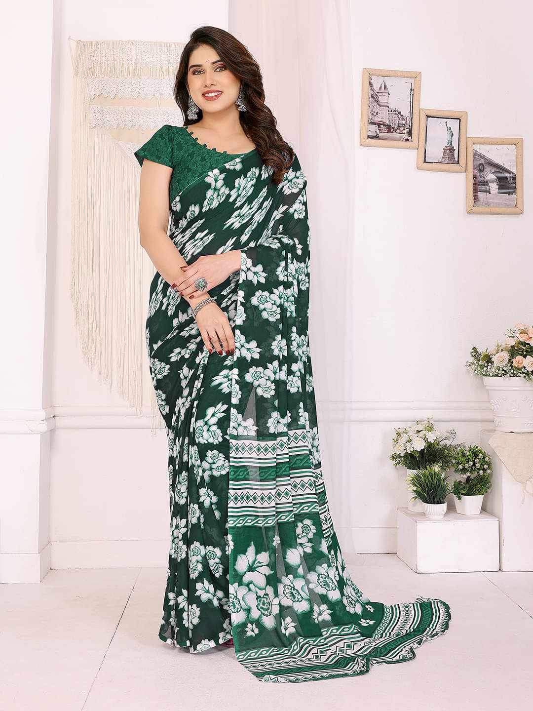 ANAND SAREES Georgette Printed Chanderi saree With Unstitched Blouse Piece ( Green ) ANAND SAREES Georgette Printed Chanderi saree With Unstitched Blouse Piece ( Green )