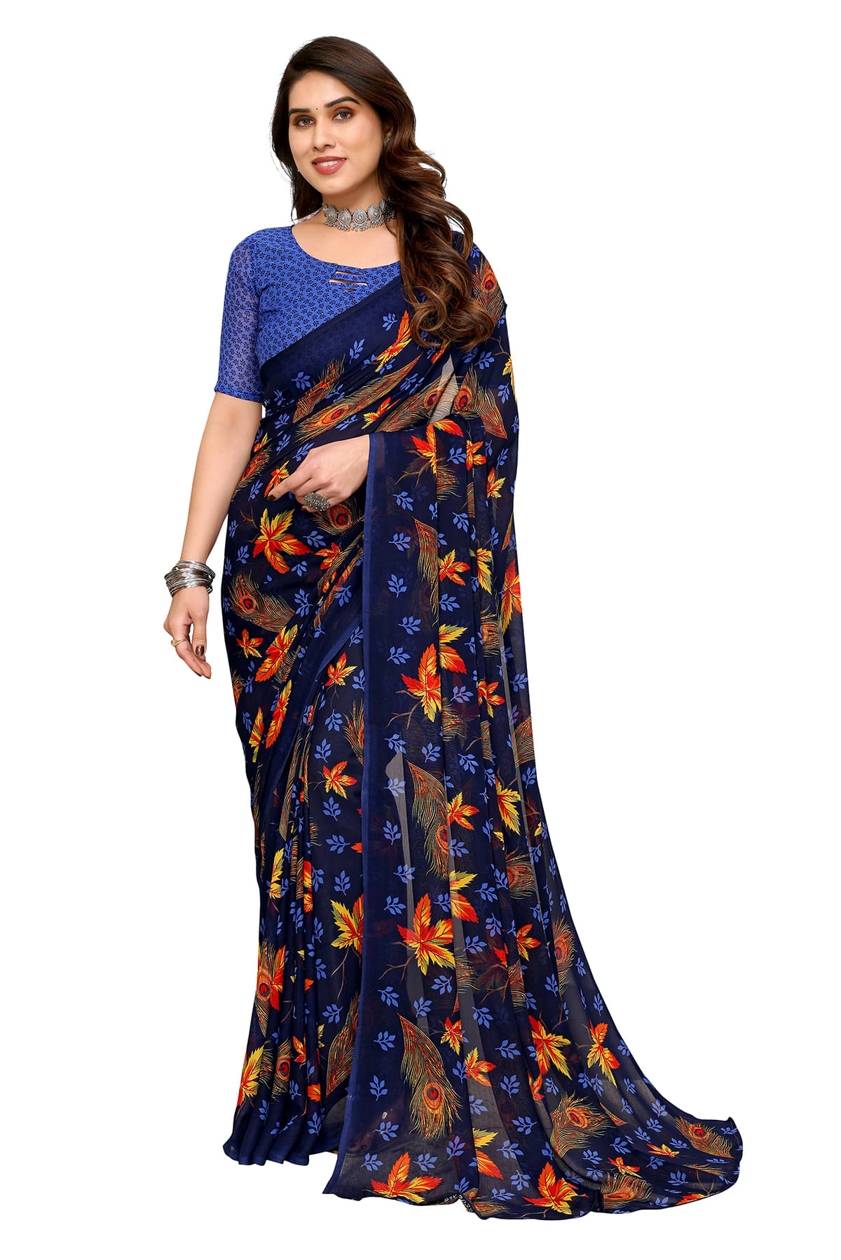     			ANAND SAREES Georgette Printed Chanderi saree With Unstitched Blouse Piece ( Blue )