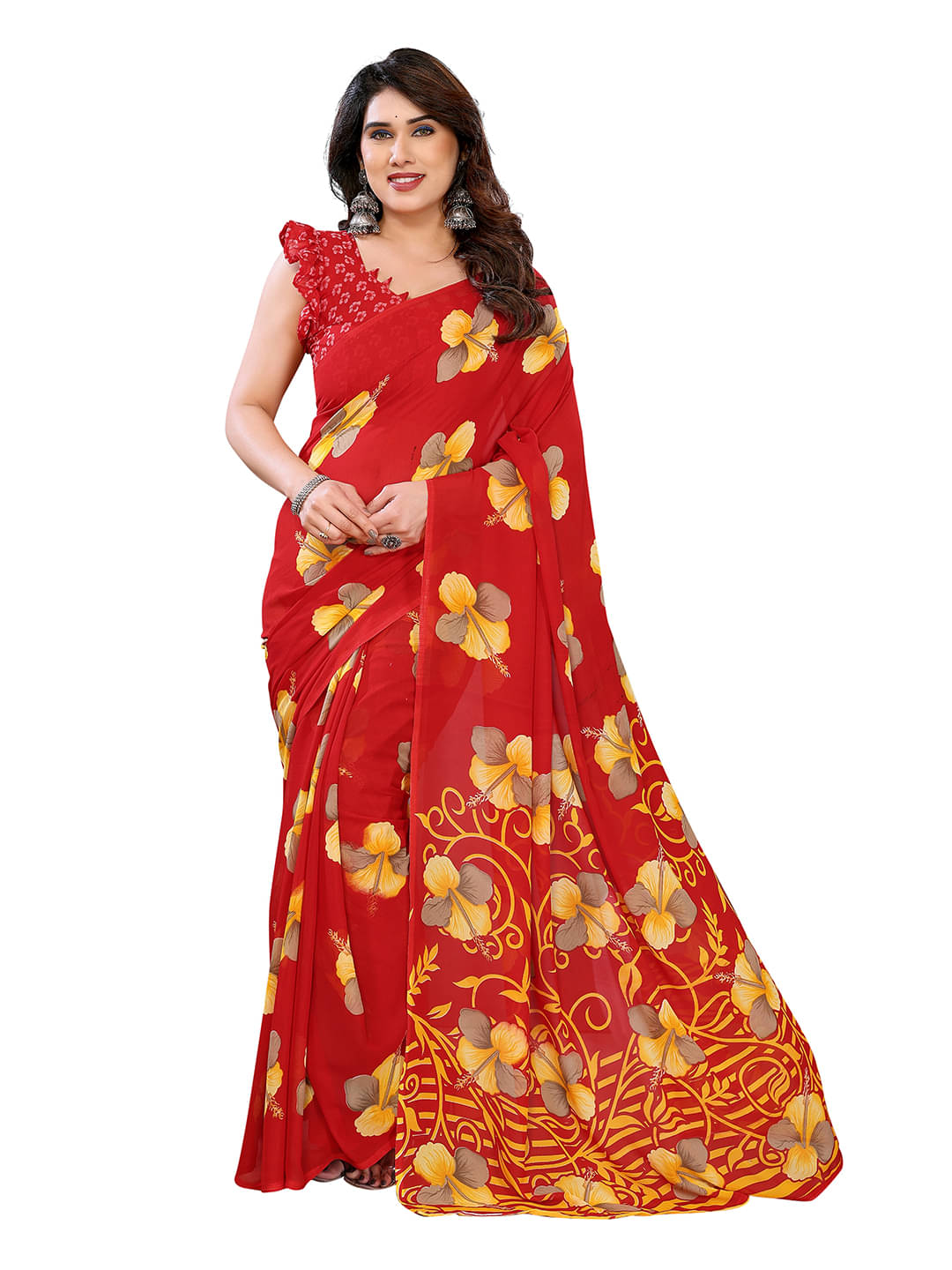     			ANAND SAREES Georgette Printed Chanderi saree With Unstitched Blouse Piece ( Red )