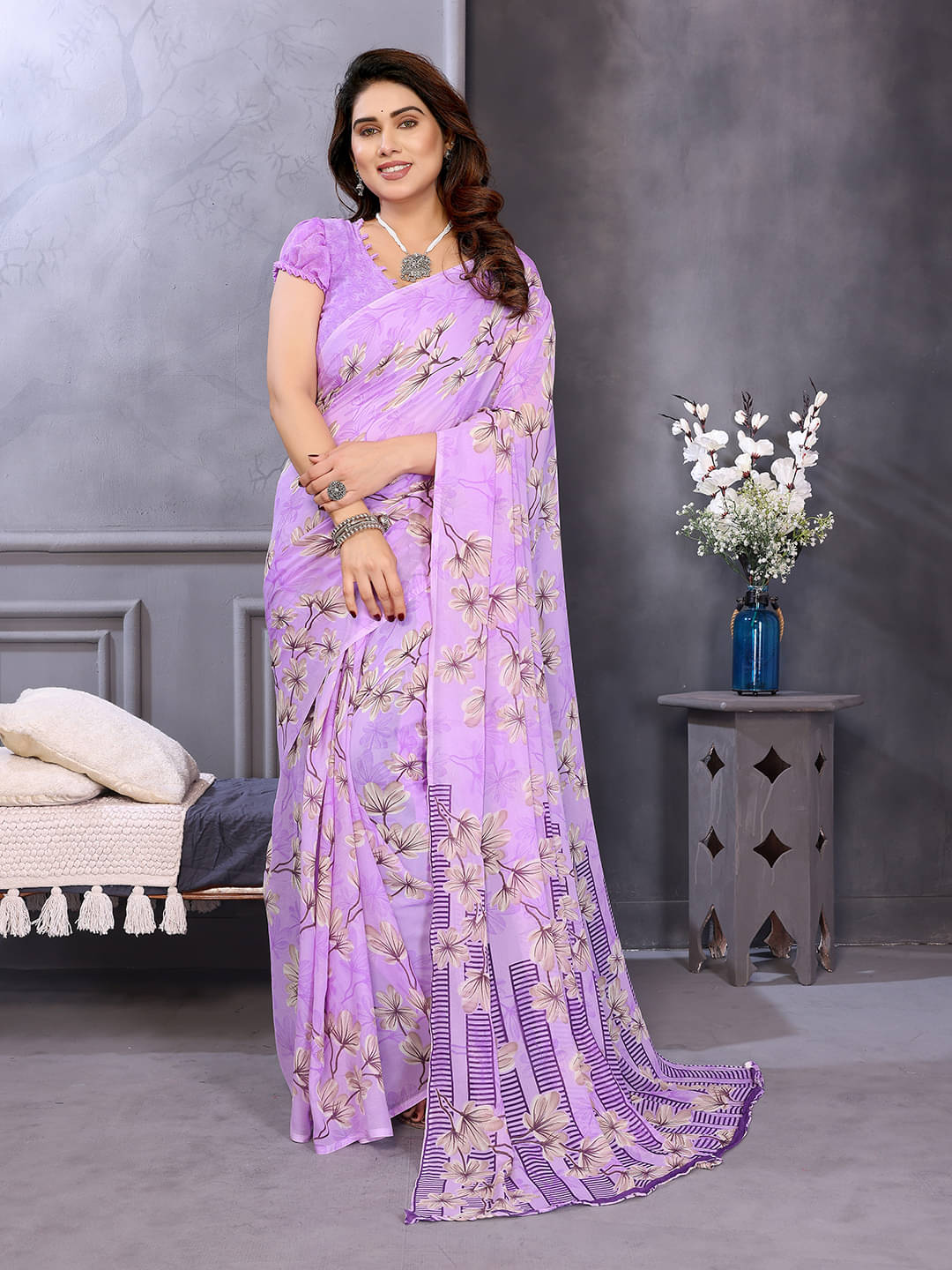 ANAND SAREES Georgette Printed Chanderi saree With Unstitched Blouse Piece ( Purple ) ANAND SAREES Georgette Printed Chanderi saree With Unstitched Blouse Piece ( Purple )