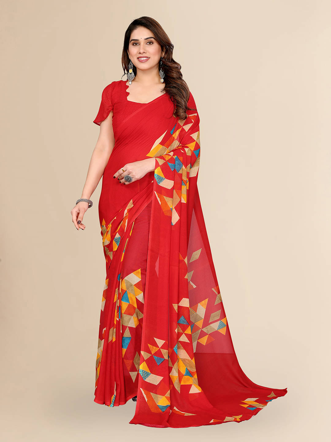     			ANAND SAREES Georgette Printed Chanderi saree With Unstitched Blouse Piece ( Red )