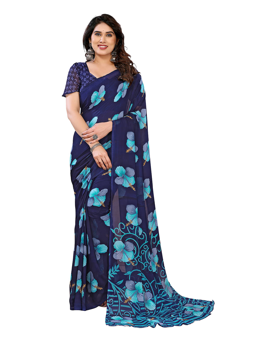 ANAND SAREES Georgette Printed Chanderi saree With Unstitched Blouse Piece ( Blue )     			ANAND SAREES Georgette Printed Chanderi saree With Unstitched Blouse Piece ( Blue )