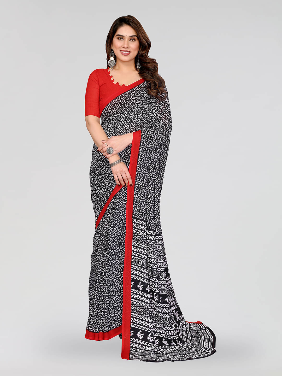 ANAND SAREES Georgette Printed Chanderi saree With Unstitched Blouse Piece ( Black ) ANAND SAREES Georgette Printed Chanderi saree With Unstitched Blouse Piece ( Black )