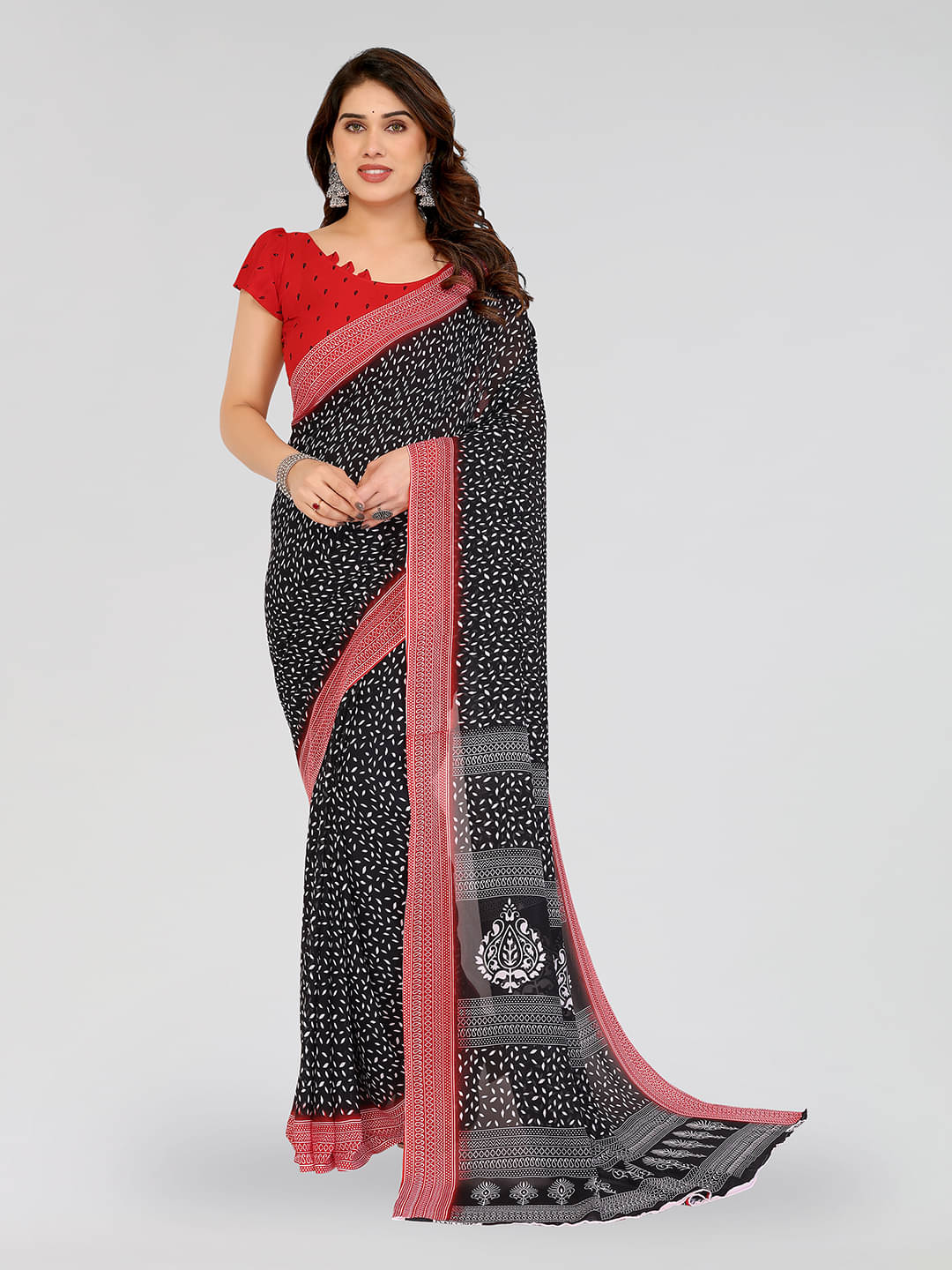 ANAND SAREES Georgette Printed Chanderi saree With Unstitched Blouse Piece ( Black ) ANAND SAREES Georgette Printed Chanderi saree With Unstitched Blouse Piece ( Black )